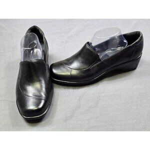 Clarks Black Leather Slip-On Comfort Wedges 11W Wide NEW